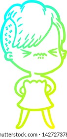 cold gradient line drawing of a cartoon annoyed hipster girl