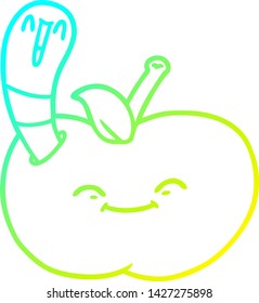 cold gradient line drawing of a cartoon happy worm in an apple