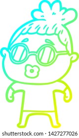 cold gradient line drawing of a cartoon woman wearing spectacles