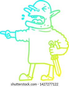 cold gradient line drawing of a cartoon goblin with knife