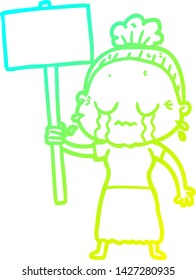cold gradient line drawing of a cartoon old woman crying while protesting