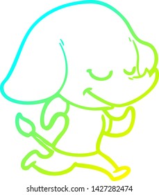 cold gradient line drawing of a cartoon smiling elephant running