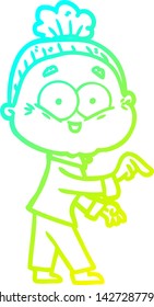 cold gradient line drawing of a cartoon happy old woman