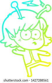 cold gradient line drawing of a cartoon alien girl