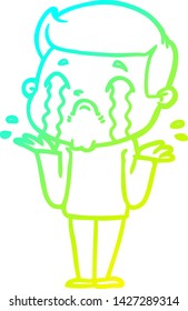 dibujo de una línea de degradado frío de un hombre de dibujos animados llorando