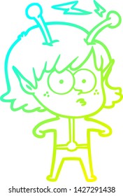 cold gradient line drawing of a cartoon alien girl
