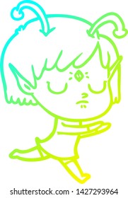 cold gradient line drawing of a cartoon alien girl