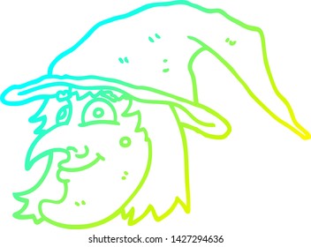 dibujo de línea de degradado frío de una cara de bruja de dibujos animados