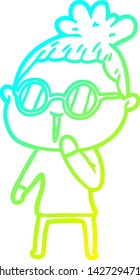 kalte Farbverlauf-Linie Zeichnung einer Cartoon-Frau mit Brille