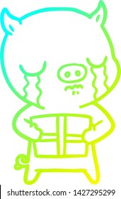 dibujo de una línea de gradiente frío de un cerdo de caricatura llorando sobre navidad presente