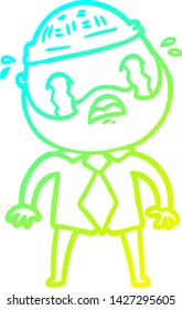 cold gradient line drawing of a cartoon bearded man crying