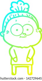 cold gradient line drawing of a cartoon happy old woman