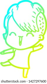 cold gradient line drawing of a cartoon happy hipster girl