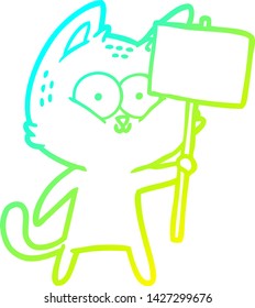cold gradient line drawing of a cartoon cat with placard