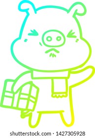 cold gradient line drawing of a cartoon angry pig with christmas present