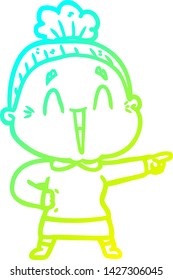 cold gradient line drawing of a cartoon happy old lady