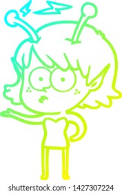 desenho de linha de gradiente frio de uma menina alienígena de desenho animado