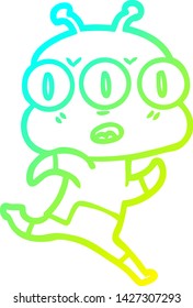 cold gradient line drawing of a cartoon three eyed alien