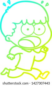 cold gradient line drawing of a cartoon shocked man running away