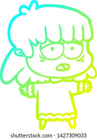 cold gradient line drawing of a cartoon tired woman