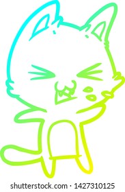 cold gradient line drawing of a cartoon cat hissing