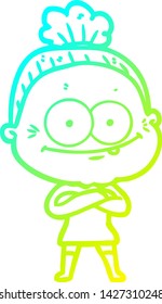 cold gradient line drawing of a cartoon happy old woman