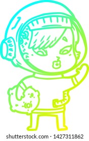 cold gradient line drawing of a cartoon astronaut woman