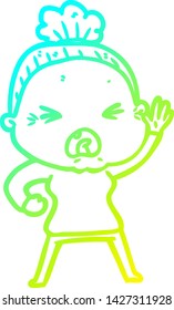 cold gradient line drawing of a cartoon angry old woman