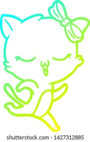 dibujo de línea de degradado frío de un gato de dibujos animados con arco sobre la cabeza