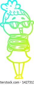 desenho de linha de gradiente frio de uma mulher feliz de desenho animado usando óculos