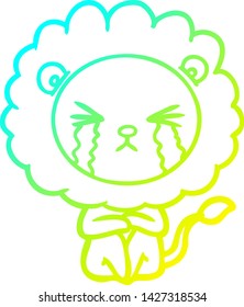 cold gradient line drawing of a cartoon crying lion sitting huddled up