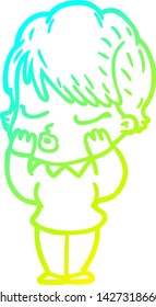 cold gradient line drawing of a cartoon woman with eyes shut