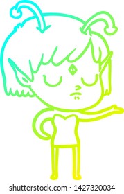 cold gradient line drawing of a cartoon alien girl