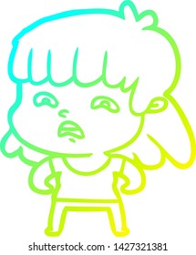 cold gradient line drawing of a cartoon worried woman