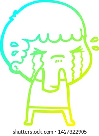 dibujo de una línea de degradado frío de un hombre de dibujos animados llorando