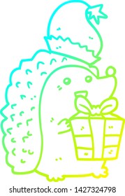 cold gradient line drawing of a cartoon hedgehog wearing christmas hat