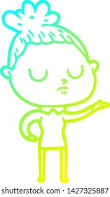 cold gradient line drawing of a cartoon calm woman