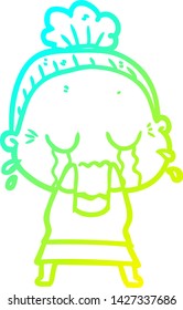 cold gradient line drawing of a cartoon crying old lady