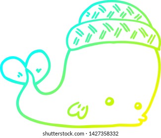 dibujo de línea de gradiente frío de una ballena caricaturizada con sombrero