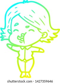 cold gradient line drawing of a cartoon girl pulling face