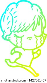 cold gradient line drawing of a cartoon woman crying