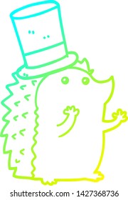 cold gradient line drawing of a cartoon hedgehog wearing hat