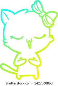 dibujo de línea de degradado frío de un gato de dibujos animados con arco sobre la cabeza
