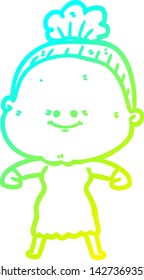cold gradient line drawing of a cartoon happy old woman