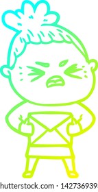 cold gradient line drawing of a cartoon angry woman