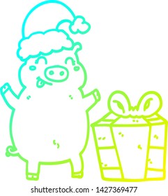 cold gradient line drawing of a cartoon happy christmas pig