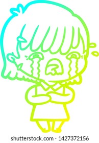 cold gradient line drawing of a cartoon girl crying