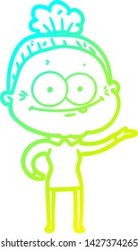 cold gradient line drawing of a cartoon happy old woman
