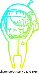 cold gradient line drawing of a cartoon crying astronaut girl