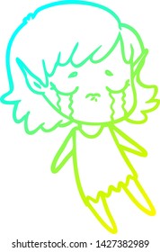 cold gradient line drawing of a cartoon crying elf girl
